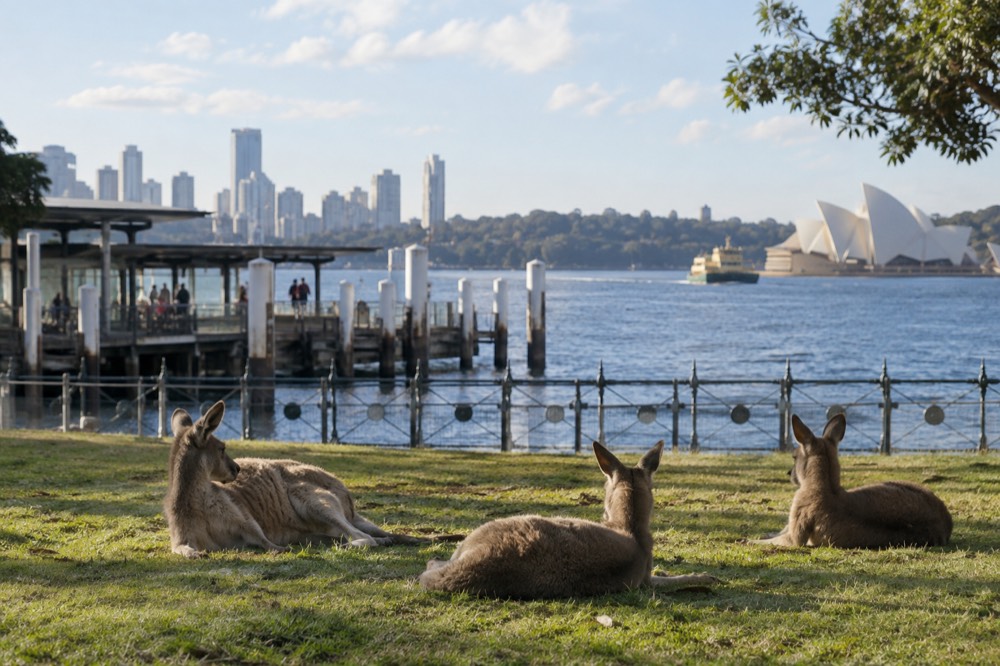 Kangaroos resting on a grassy clearing in the late afternoon light