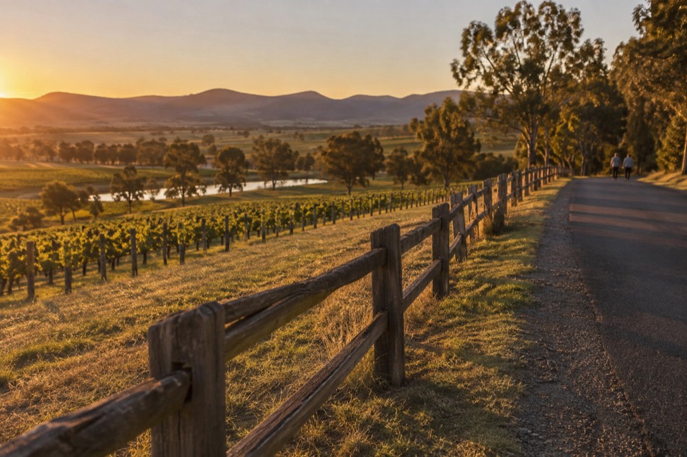 A wooden fence line beside a quiet country road at golden hour