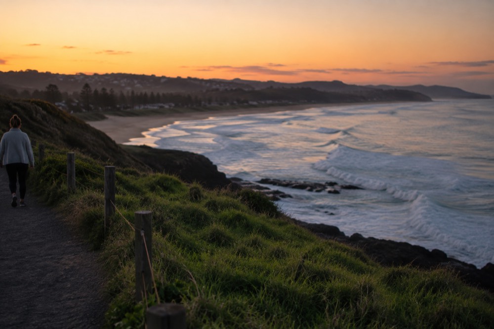 A grassy cliff top walking track above a long empty beach at golden hour