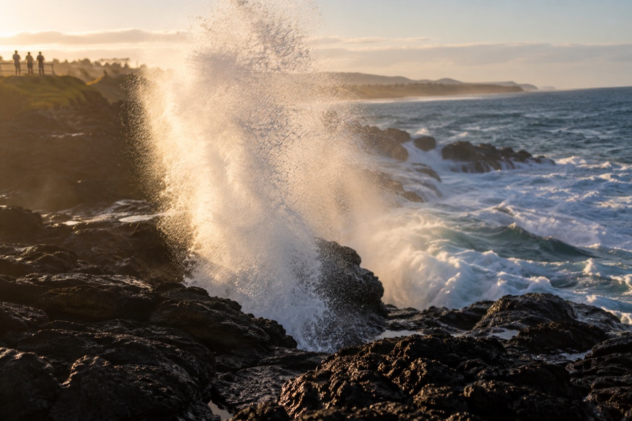 Ocean waves breaking against dark volcanic rocks on a headland with spray rising into the air