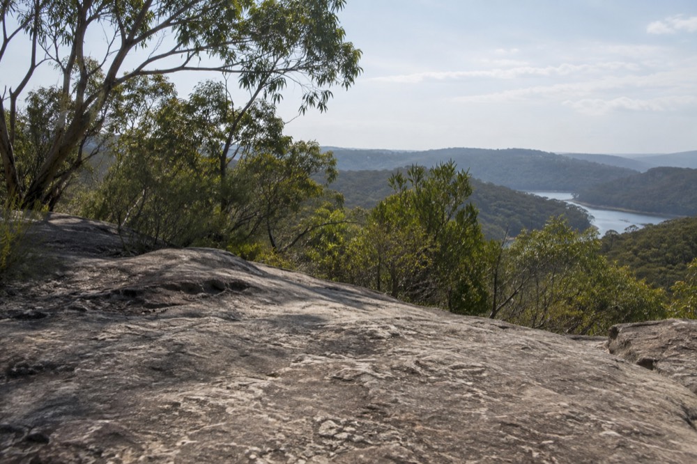A flat bare sandstone platform on a ridge above dry eucalypt bushland
