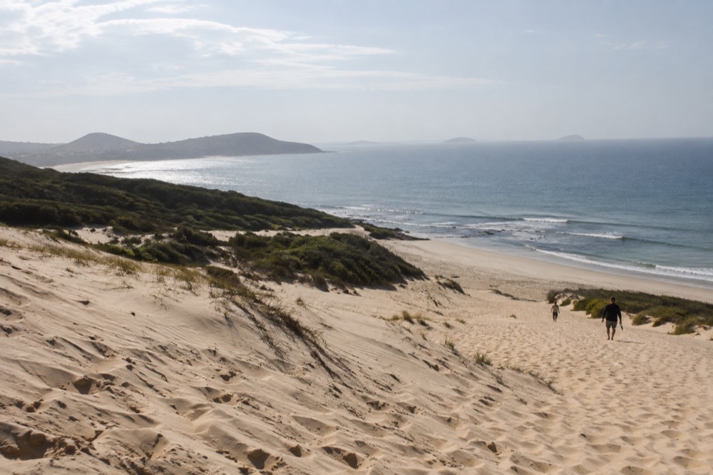 Wide rolling sand dunes descending toward flat water at the horizon