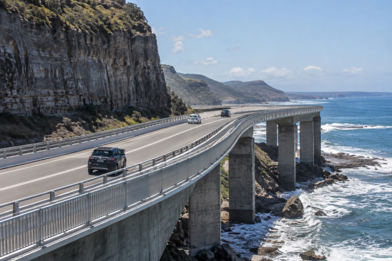 A curved coastal road bridge stretching over blue ocean waves below sandstone cliffs