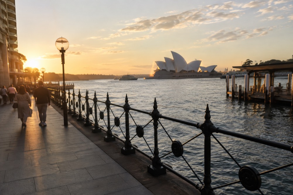 A wide paved foreshore path along Sydney Harbour with the Opera House in the distance
