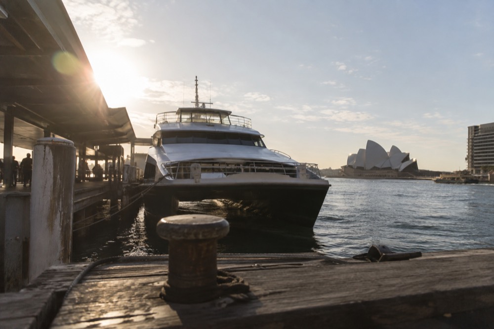 A large sightseeing catamaran moored at a Sydney Harbour wharf on flat water
