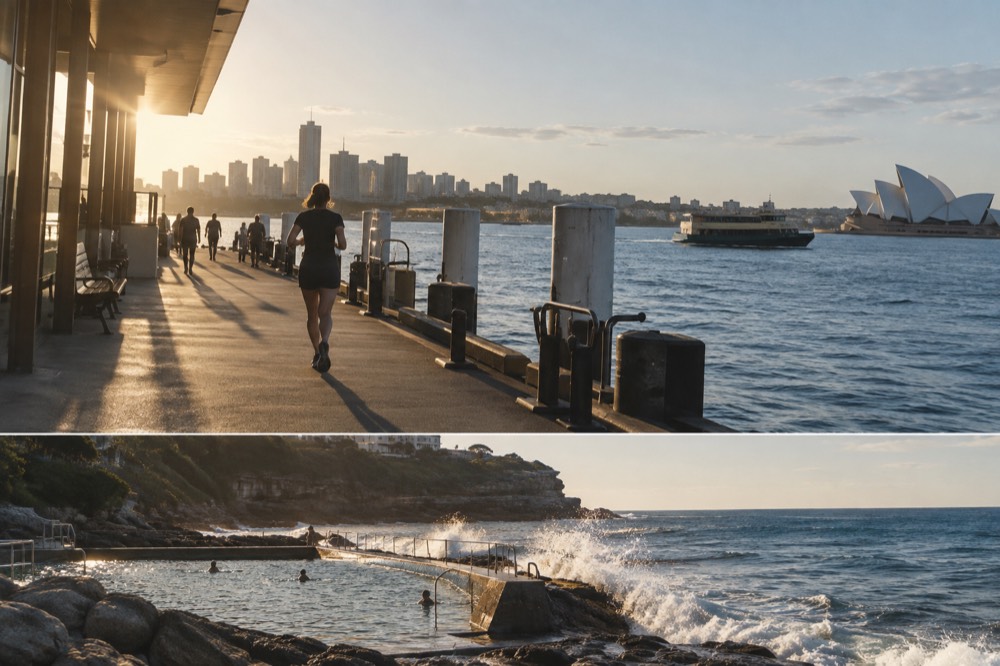 A rock-walled ocean pool at the base of a headland with waves breaking on the outer wall