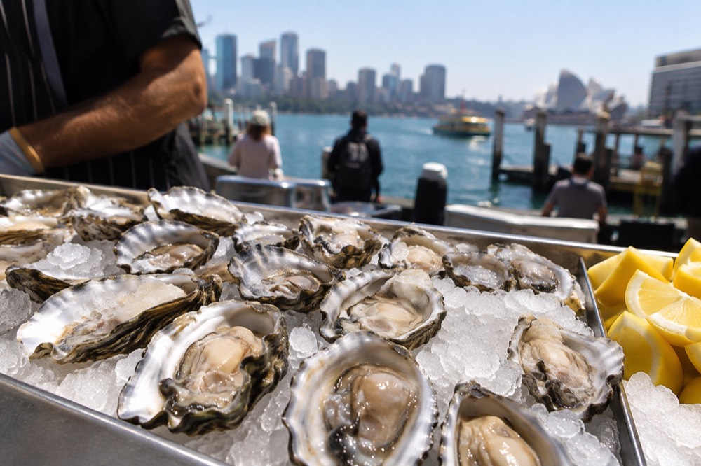 Fresh shucked oysters on ice at a seafood market counter