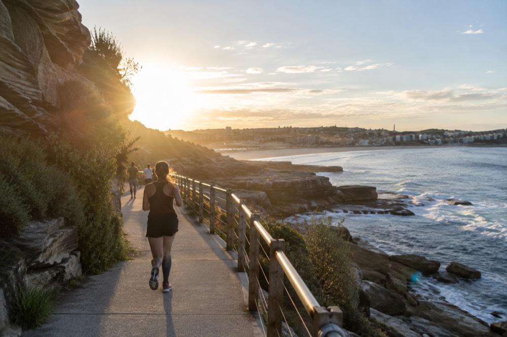 The coastal path curving along sandstone cliffs above the ocean south of Bondi Beach