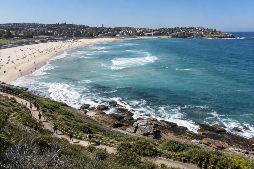 Aerial view of Bondi Beach and the headland path leading south toward the ocean