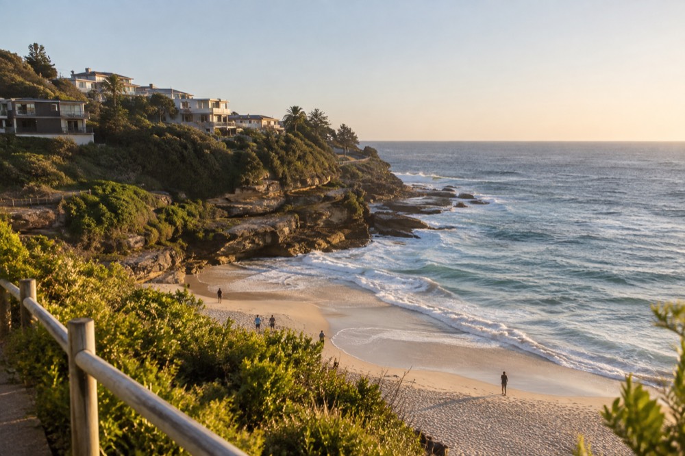 Tamarama Beach seen from the clifftop path, a small cove between rocky headlands