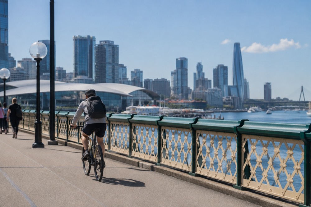 A cyclist crossing Pyrmont Bridge over Darling Harbour