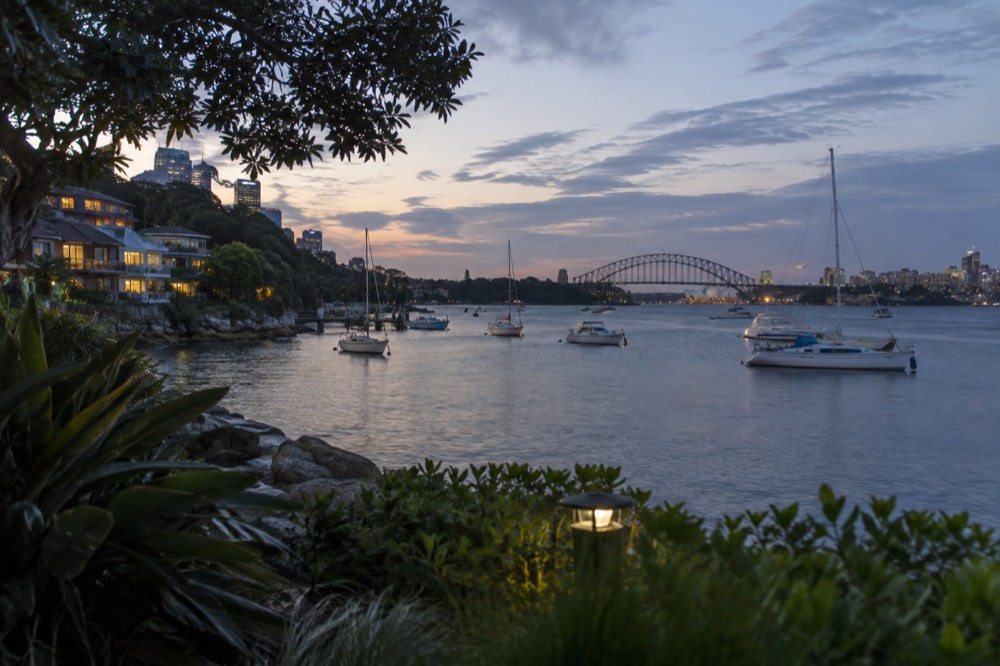 Lavender Bay harbour cove with the bridge in the background and garden greenery in the foreground