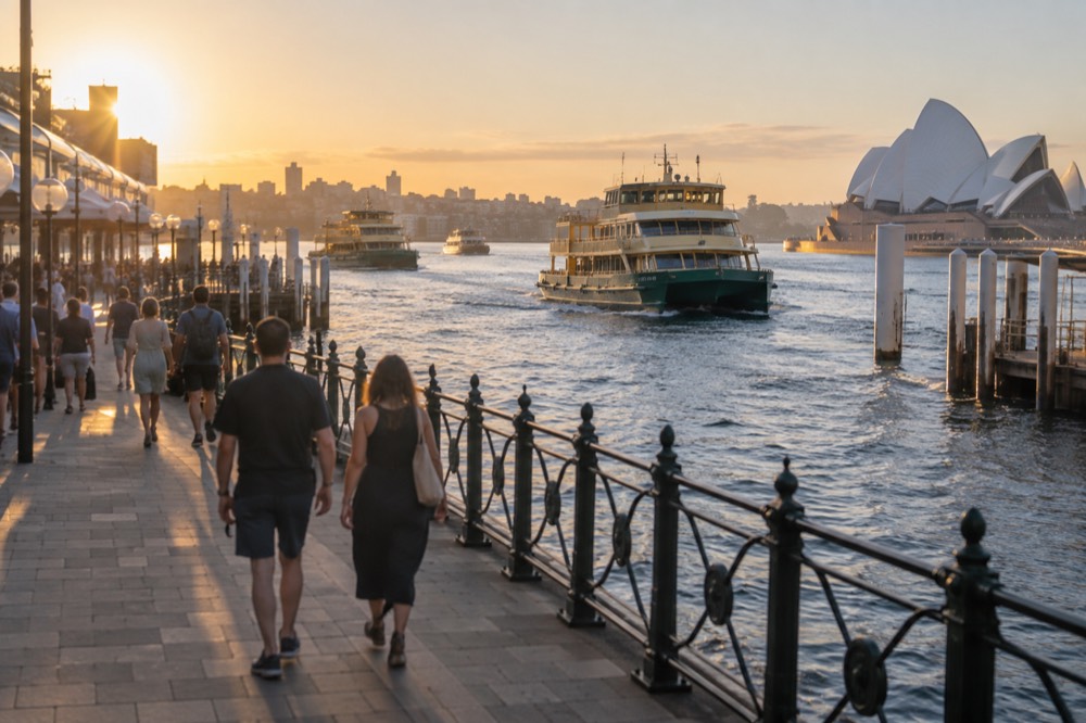 Visitors walking along a harbourside path with ferries on the water behind them