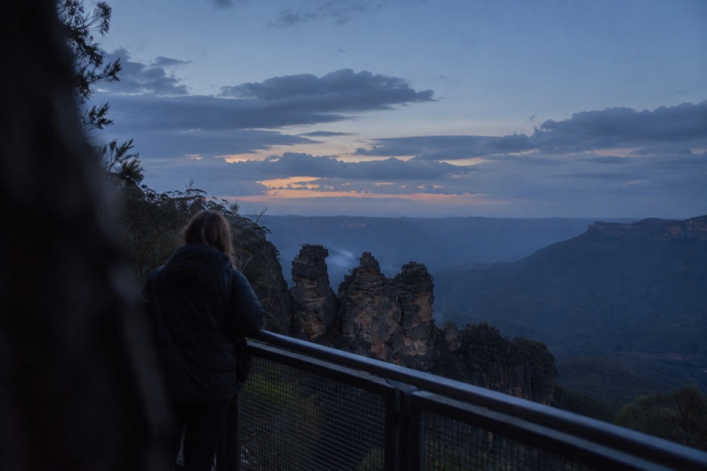The Three Sisters rock formation at Katoomba under a wide sky