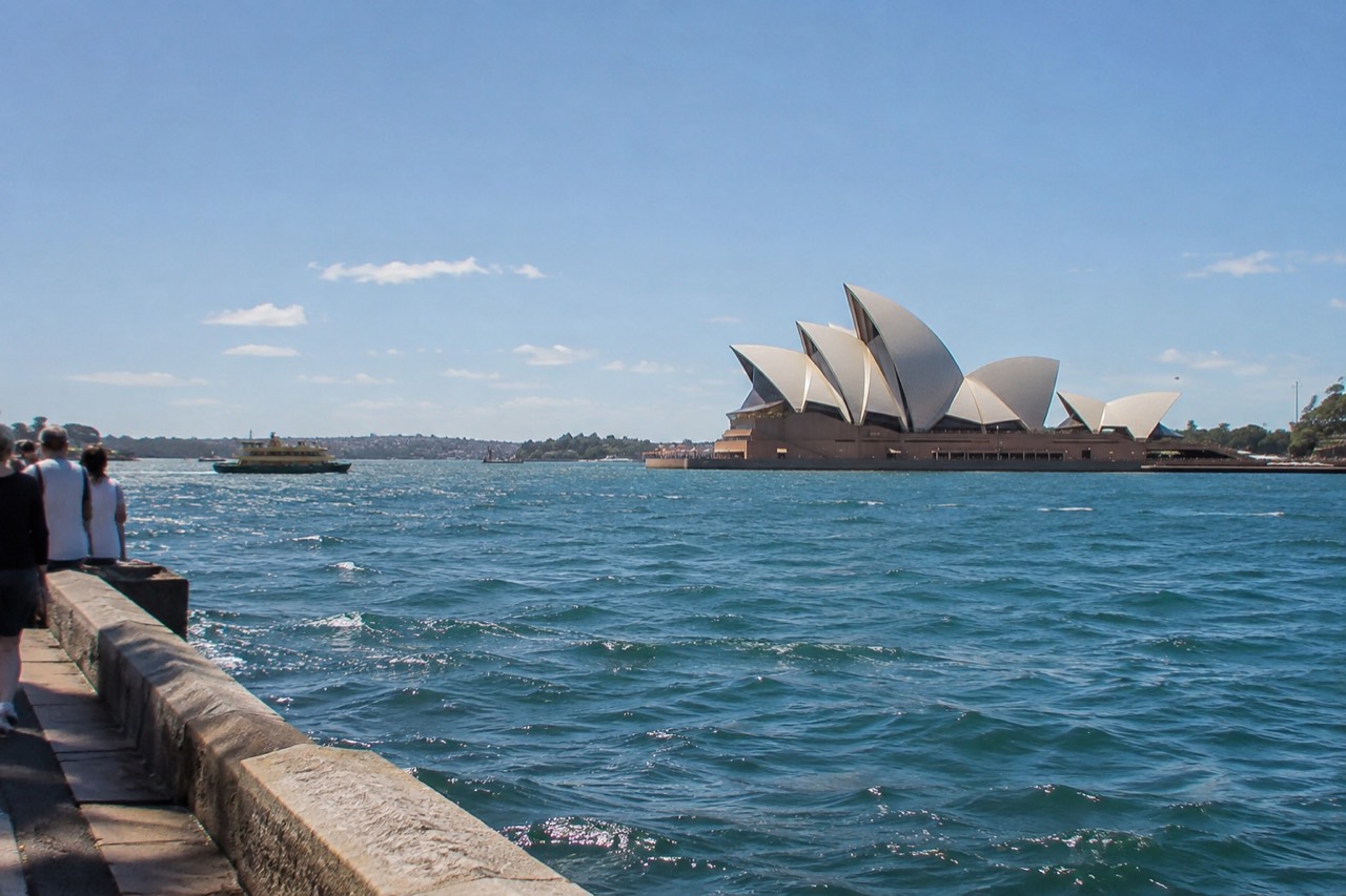Sydney Opera House sails seen across Circular Quay on a clear morning