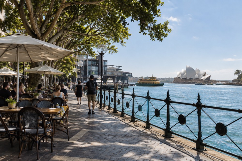 Outdoor cafe tables on a tree-lined Sydney street in the morning