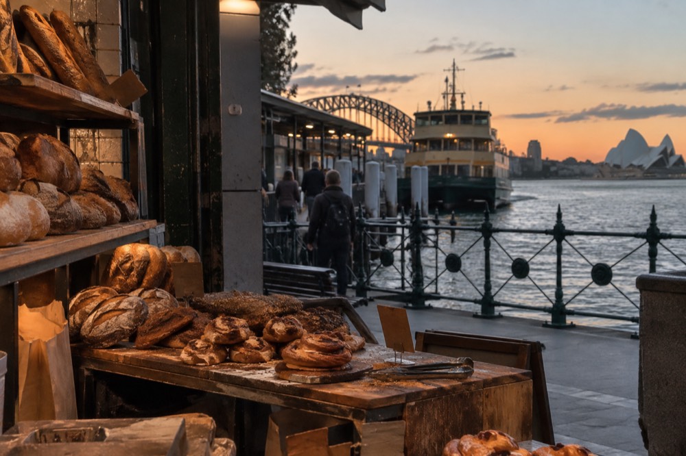 Laneway bakery counter with bread and pastries on wooden shelves