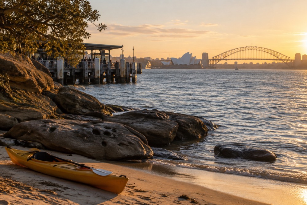 A kayak pulled up on sand beside smooth sandstone rocks at a national park cove