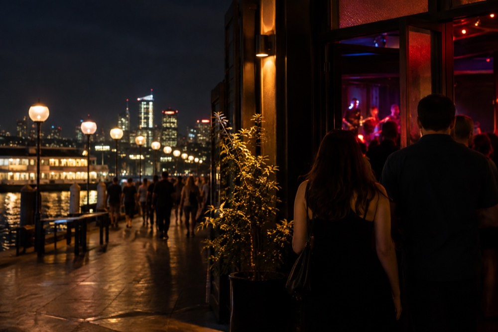 A neon-lit live music venue entrance on a Sydney street at night