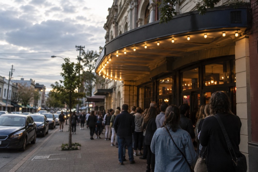 A heritage theatre facade under warm bulb lighting on a busy inner west street, a queue along the footpath