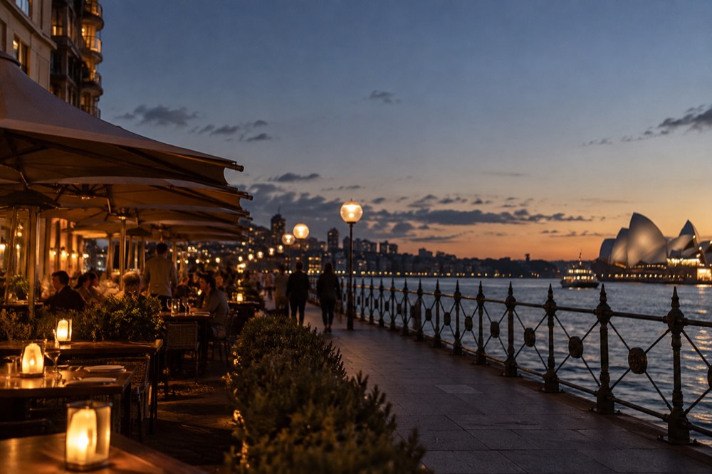 A restaurant strip at night with outdoor tables and warm lighting before a show