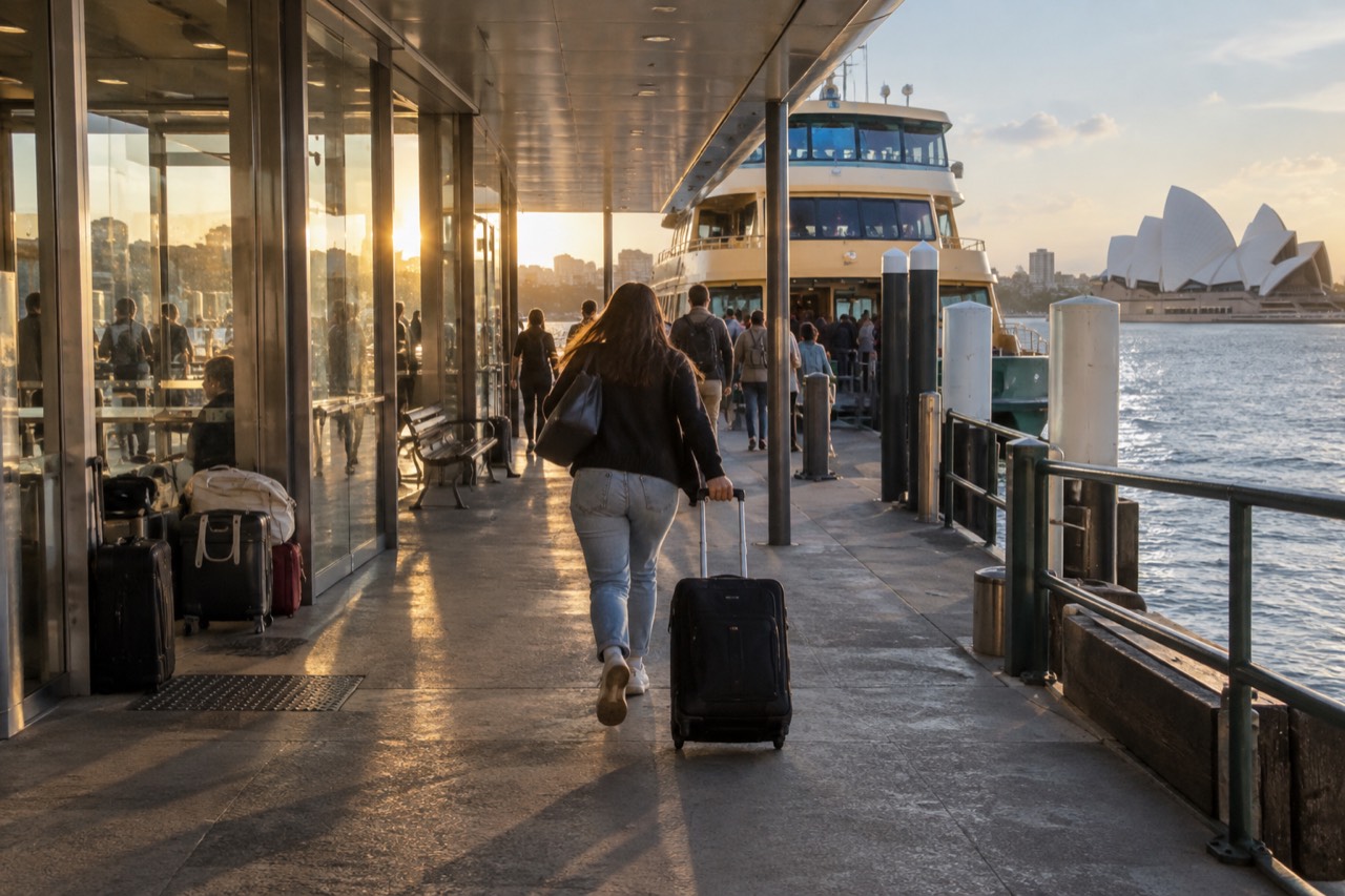 Suitcases lined up beside a bright station concourse with harbour water visible through glass doors