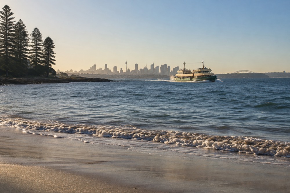 A Sydney ferry mid-crossing on open harbour water with a city skyline in the distance