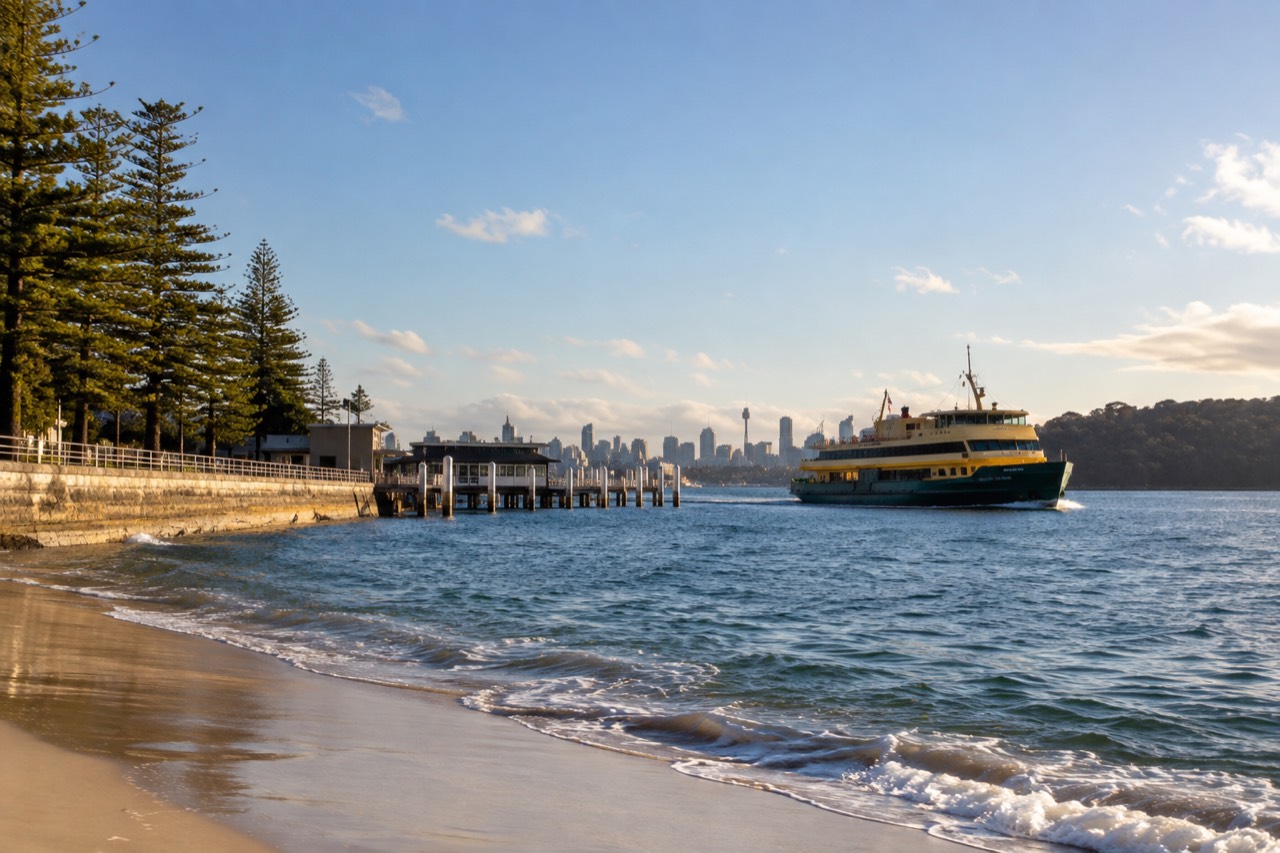 A green and yellow Sydney ferry approaching a wharf with a harbour skyline behind it
