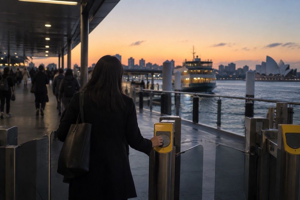 A commuter tapping a card on a yellow Opal reader at a train station gate