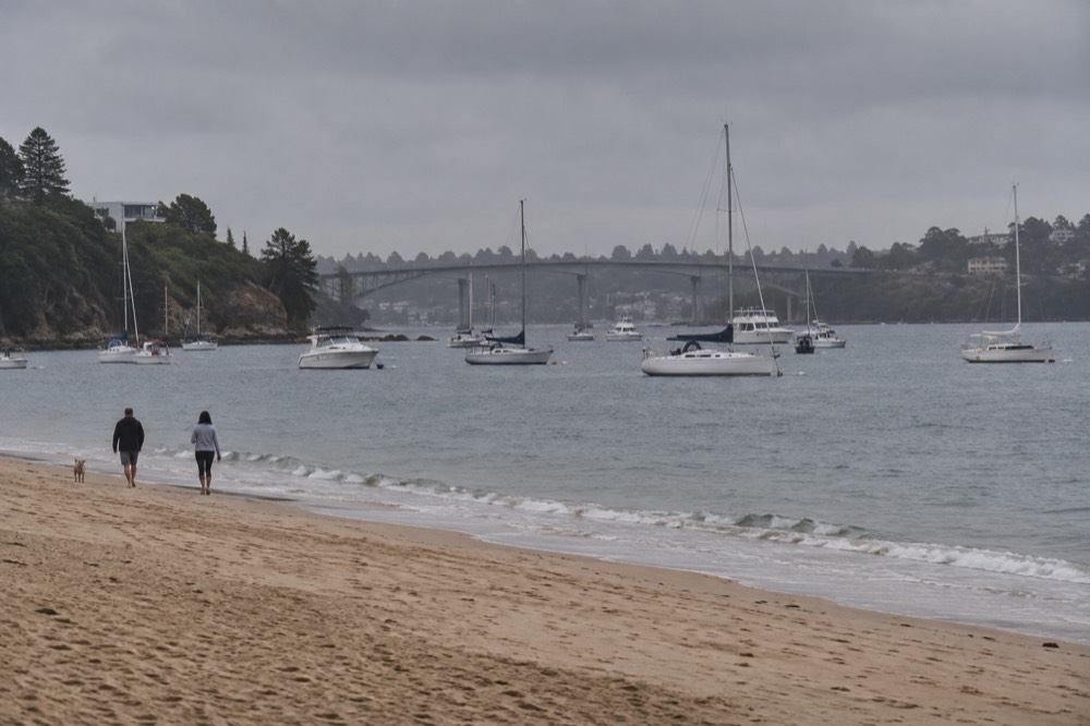 A bridge over Middle Harbour with boats anchored in the calm water below
