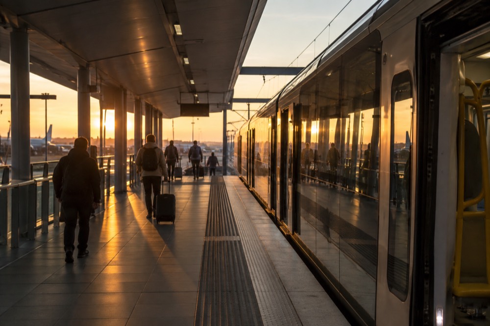 Airport train platform with a commuter service waiting beside the terminal