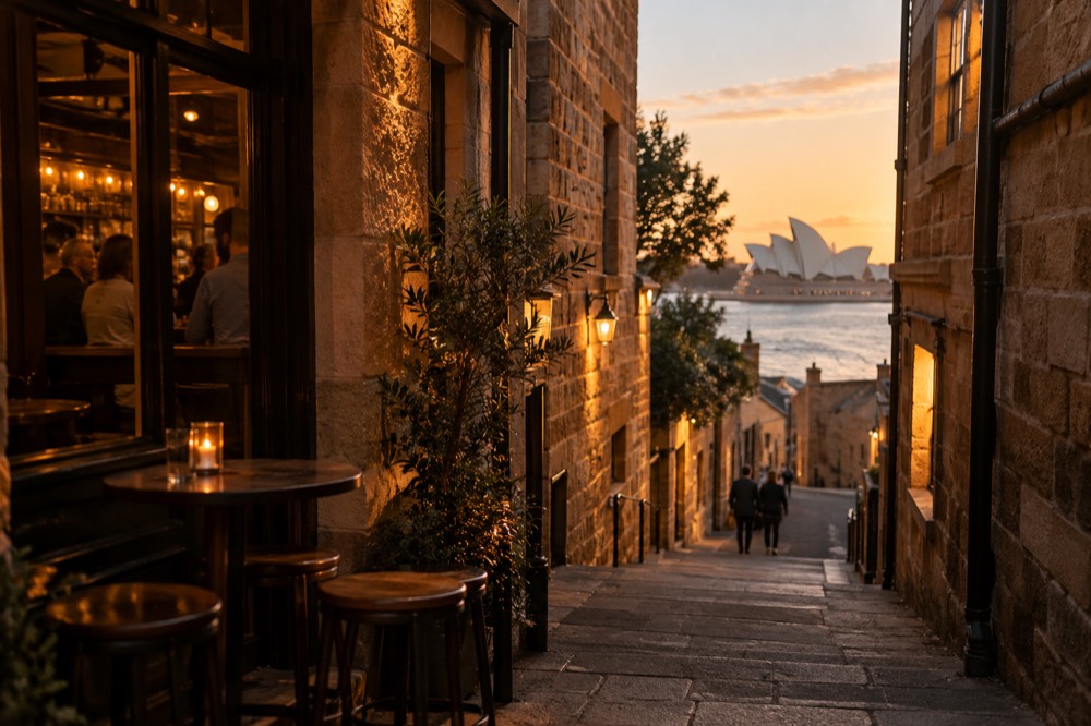 A laneway in The Rocks at dusk with warm light spilling from pub windows onto sandstone walls