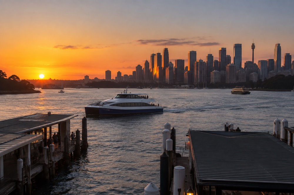 A catamaran on Sydney Harbour at sunset with the city skyline glowing orange behind it