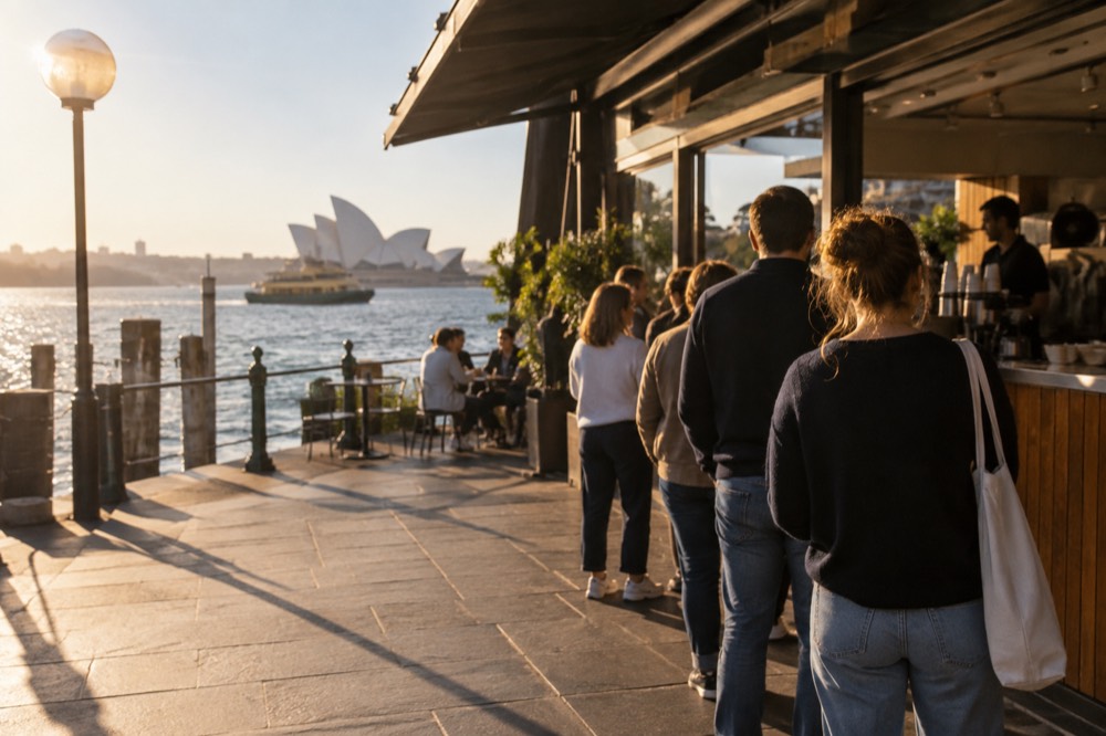 People queuing outside a small café on a sunny Saturday morning in Sydney