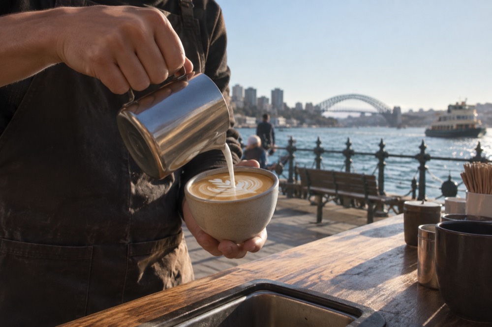 A barista pouring latte art into a ceramic cup on a wooden café bench
