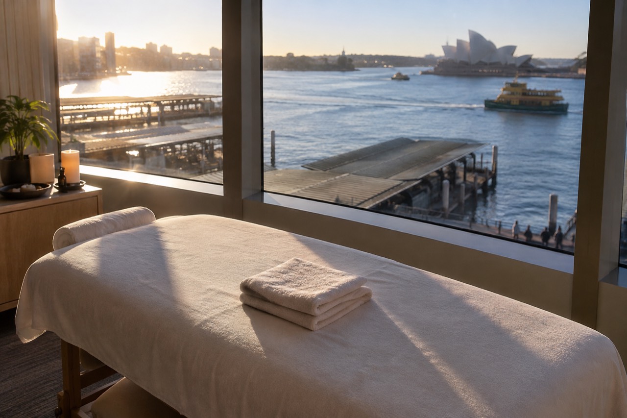 Calm treatment room with massage table, folded towels and harbour light through wide windows