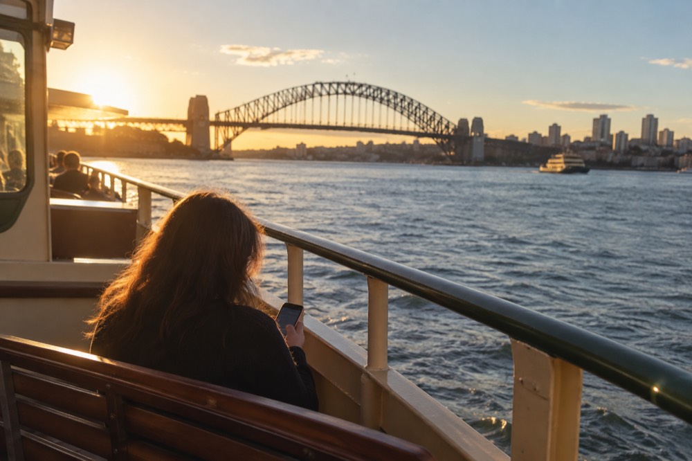 A traveller using a phone on a ferry deck with the Harbour Bridge behind