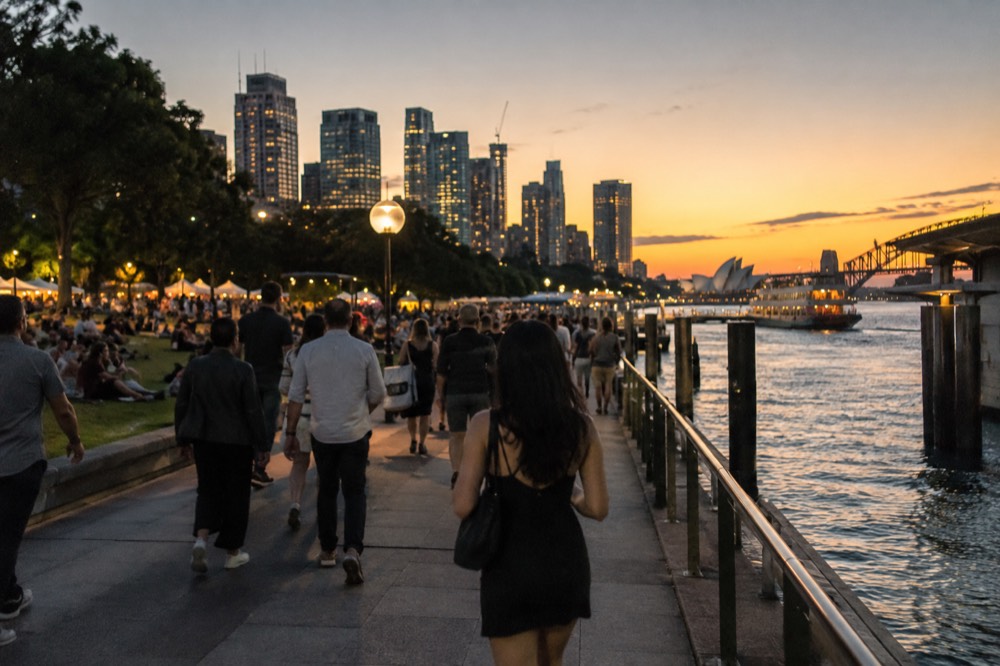 Outdoor festival crowds in a park with the Sydney skyline behind them on a warm evening