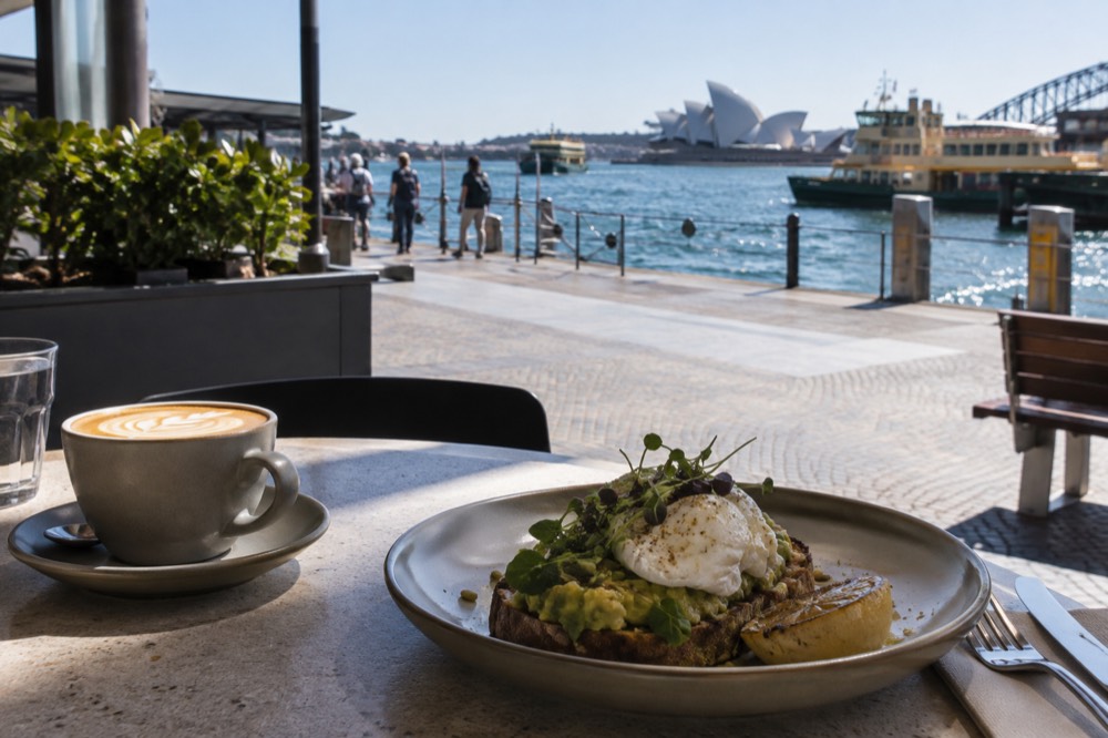 Flat white coffee and an avocado and poached egg dish on a cafe table
