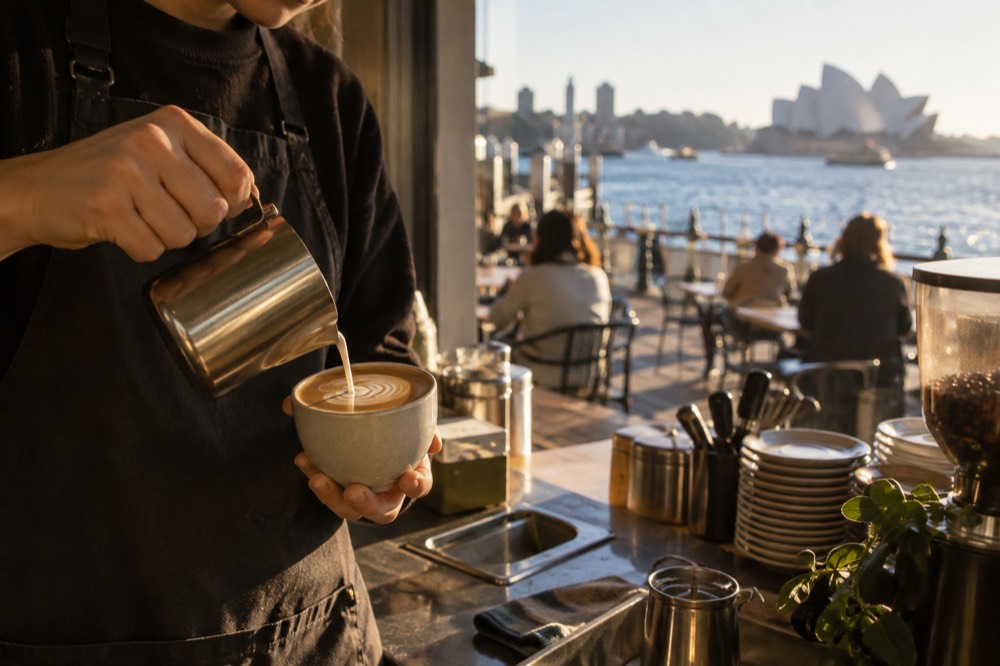 Barista pouring latte art into a cup in a sunlit cafe