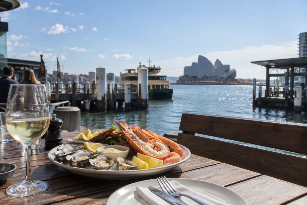 Fresh seafood platter on a timber table overlooking a harbour wharf