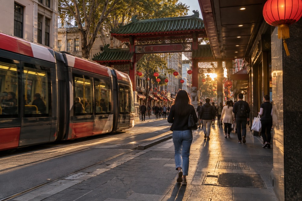 A light rail tram passing a busy Dixon Street Chinatown entrance gate in the evening