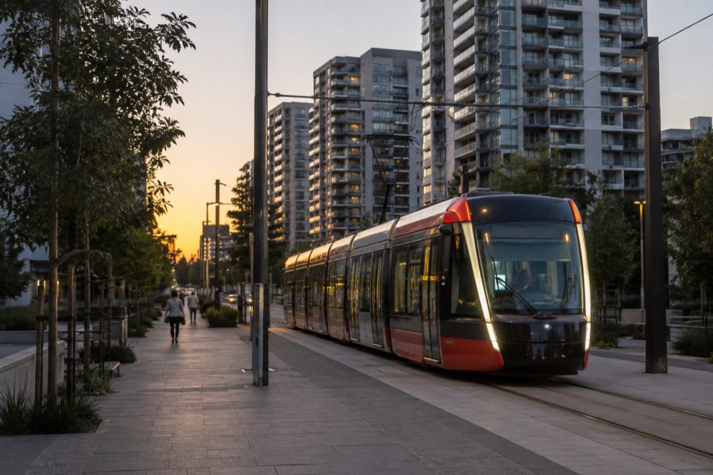 A light rail tram on a dedicated corridor in Parramatta with modern apartment buildings behind
