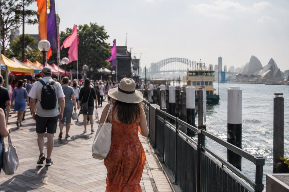 Colourful festival banners and rainbow flags hanging over a busy Sydney street in daylight