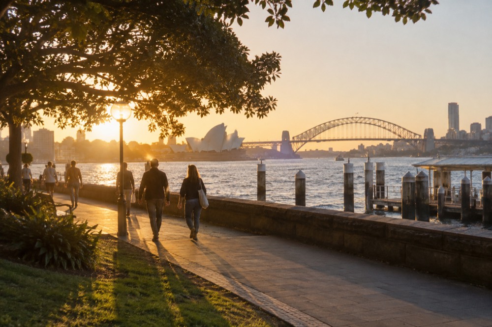 People walking through a city park at golden hour with the Sydney skyline behind
