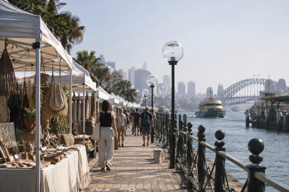 Outdoor market stalls with handcrafted goods under white canopies