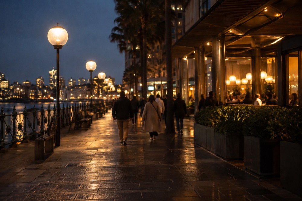 A well-lit city street at night with people walking under illuminated shopfronts