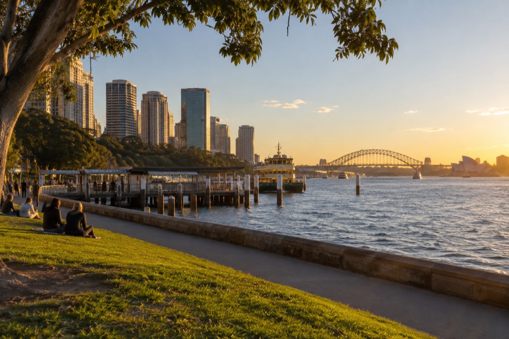 Wide harbour lawn with established trees and city towers behind them
