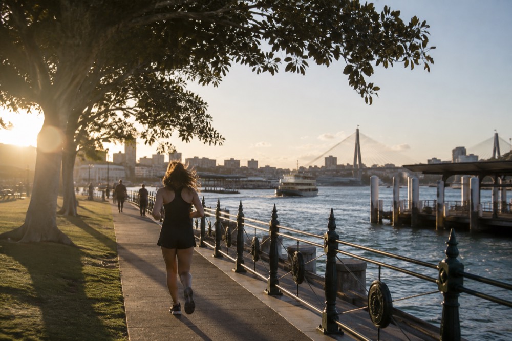Figs shading a waterfront lawn with the ANZAC Bridge in the background
