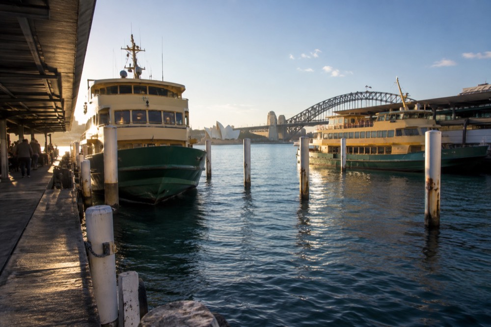 Circular Quay ferry wharves with ferries moored along the harbour